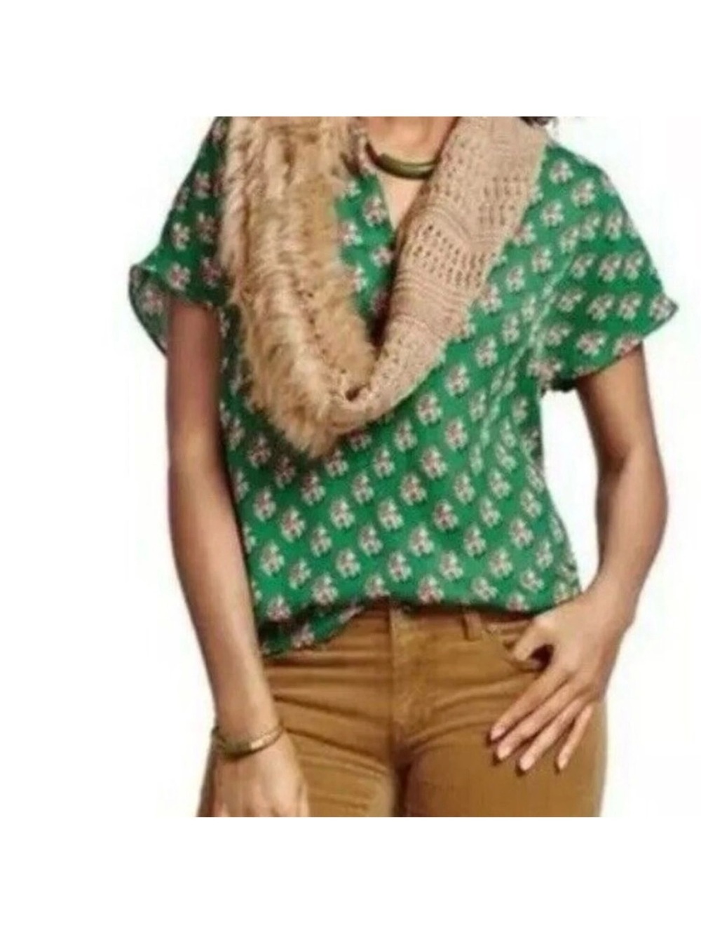 Cabi Stevie small v neck Green Floral Print Short Sleeve Blouse